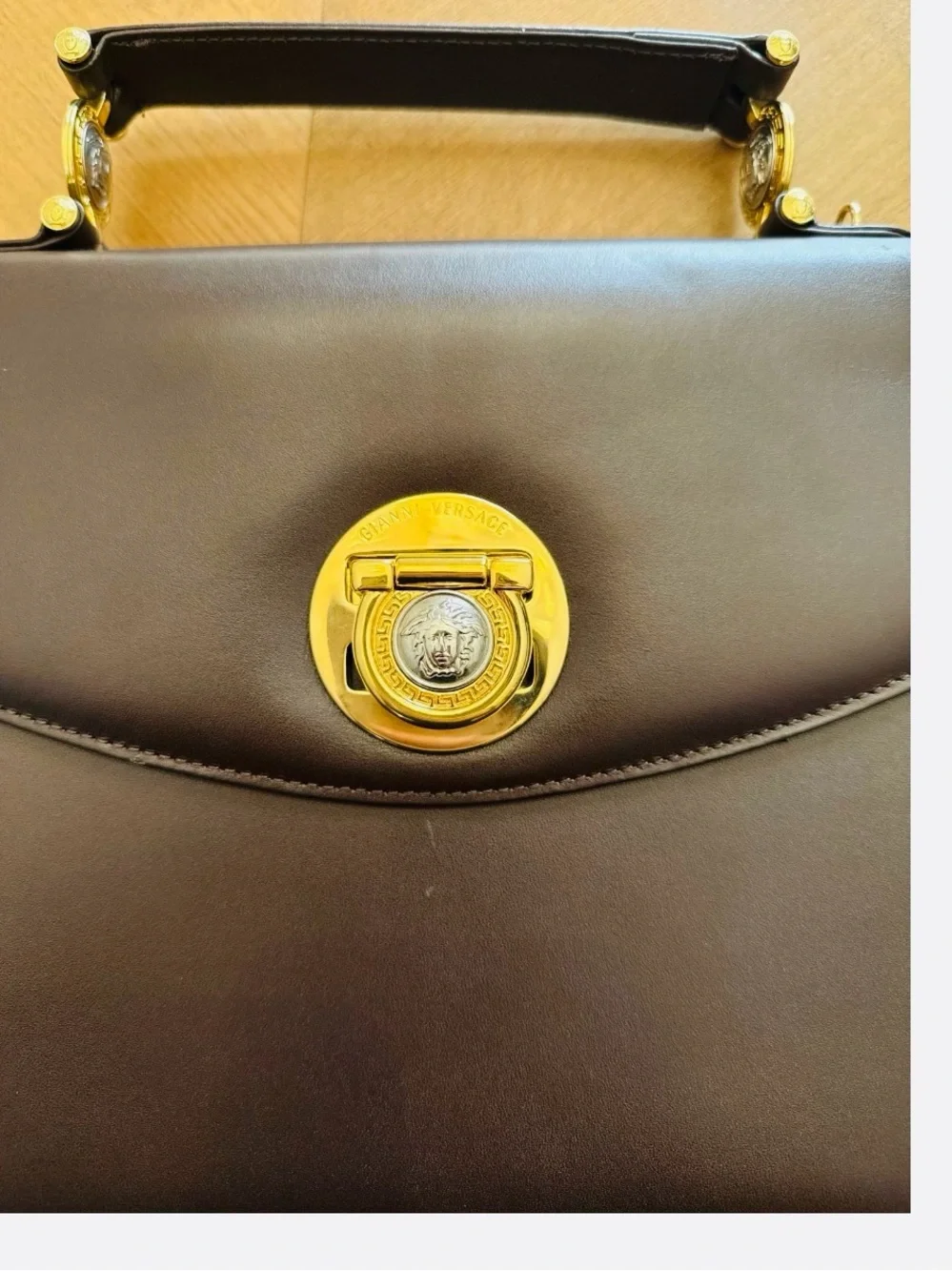 Gianni Versace Designer Brown Leather Top-Handle Shoulder Bag with Gold Hardware